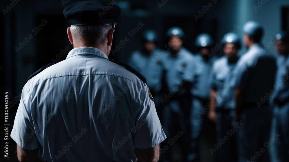 A man in a uniform stands in front of a group of people A man in a uniform stands in front of a group of people
