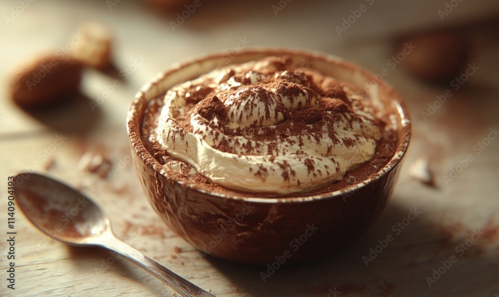 A bowl of chocolate and whipped cream with a spoon in it A bowl of chocolate and whipped cream with a spoon in it