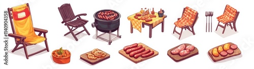 Cartoon elements for BBQ and grilling in outdoor recreation - roasted meat with herbs, grilled sausages, juicy steak, chicken wing, red cooking apron, wooden soft chair, and table with drinks. photo