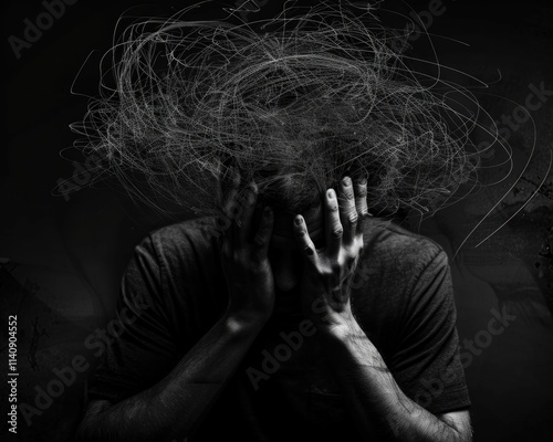 Man with Worried Expression and Melting Brain Illustration Reflecting Stress and Anxiety