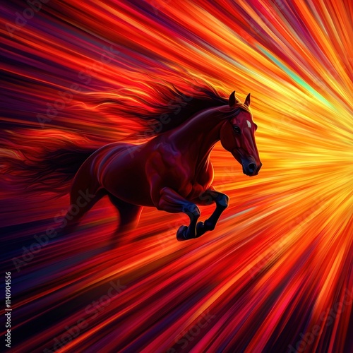 A dynamic portrayal of a galloping horse surrounded by vibrant bursts of color, symbolizing energy and freedom. photo