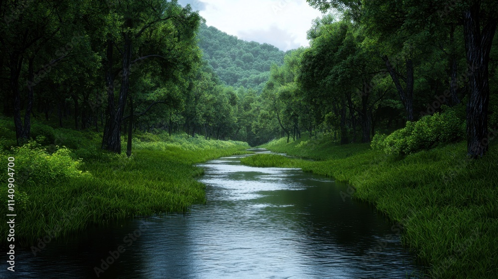 A river with a lush green forest on either side A river with a lush green forest on either side