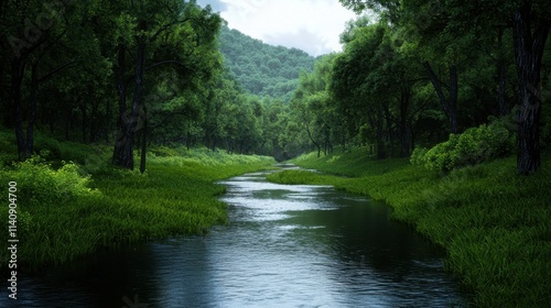 A river with a lush green forest on either side