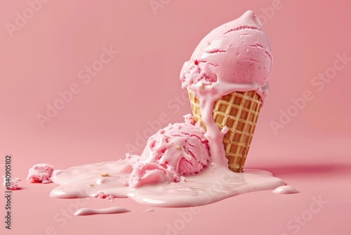 Melting Cream. Pink Ice Cream Spilling from Waffle Cone on Summer Floor