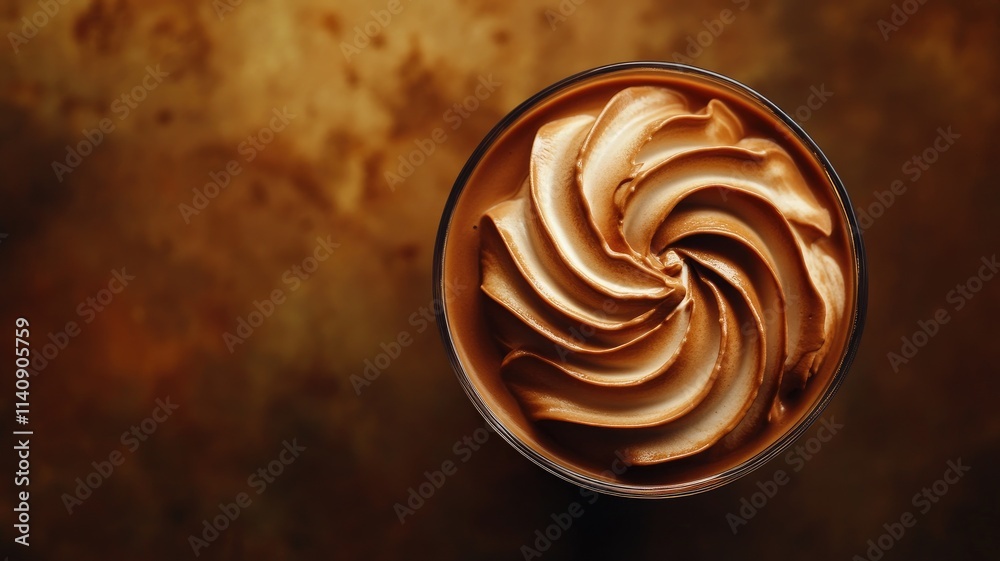 Aerial view of coffee cup with swirl cream against brown backdrop Aerial view of coffee cup with swirl cream against brown backdrop