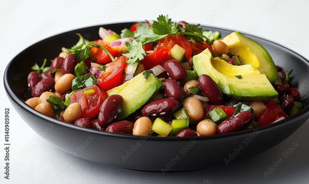 A black bowl filled with beans, tomatoes, and avocado A black bowl filled with beans, tomatoes, and avocado