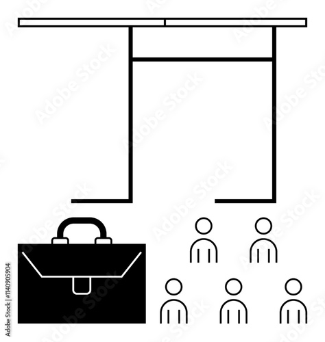 Table with structure a briefcase, six participant icons. Ideal for business, meetings, teamwork, office, presentations, conferences, corporate events. Line metaphor