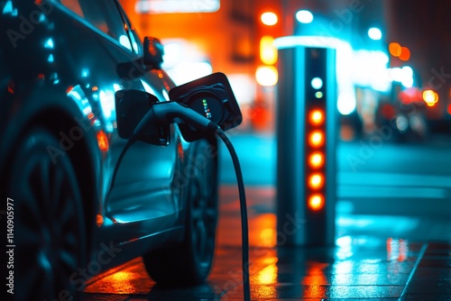 Electric vehicle charging at a modern charging station.