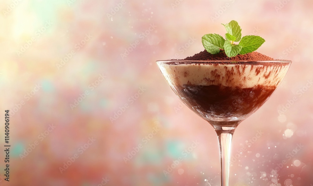 A glass of dessert with a green leaf on top A glass of dessert with a green leaf on top