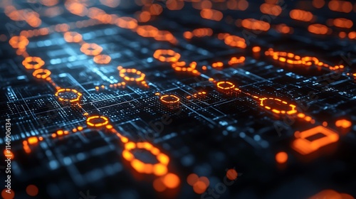 Abstract digital data streams flow across a circuit board.  Glowing orange and blue hues create a dynamic image.