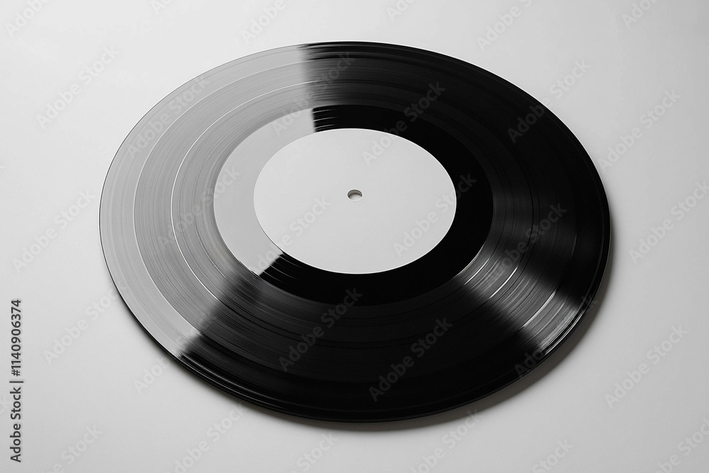 A close-up view of a vinyl record with a glossy black surface and a blank white label in the center, set against a light background. A close-up view of a vinyl record with a glossy black surface and a blank white label in the center, set against a light background.