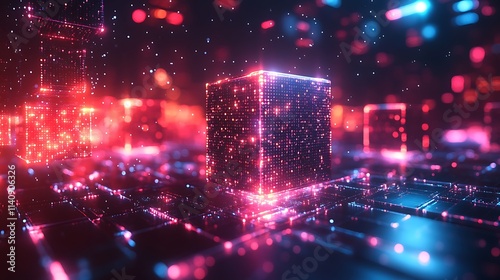 Glowing digital cube in a futuristic landscape.