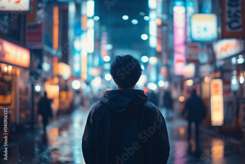 A person standing in a rain-soaked urban street at night, illuminated by colorful neon signs. The atmosphere is moody and reflective, with blurred figures in the background.