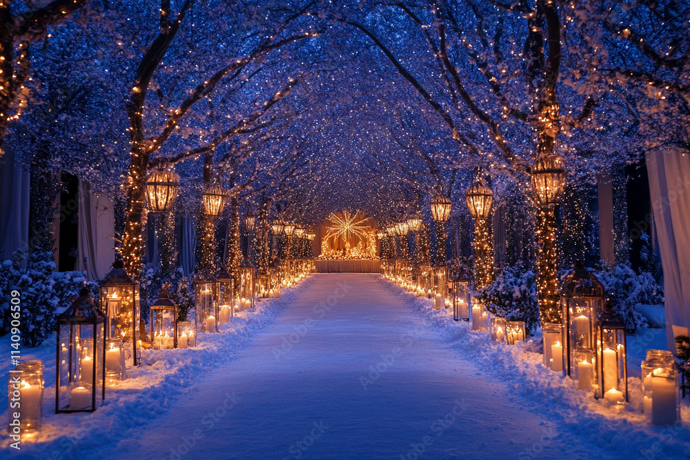 A beautifully lit winter pathway lined with glowing lanterns and candles, surrounded by snow- A beautifully lit winter pathway lined with glowing lanterns and candles, surrounded by snow-