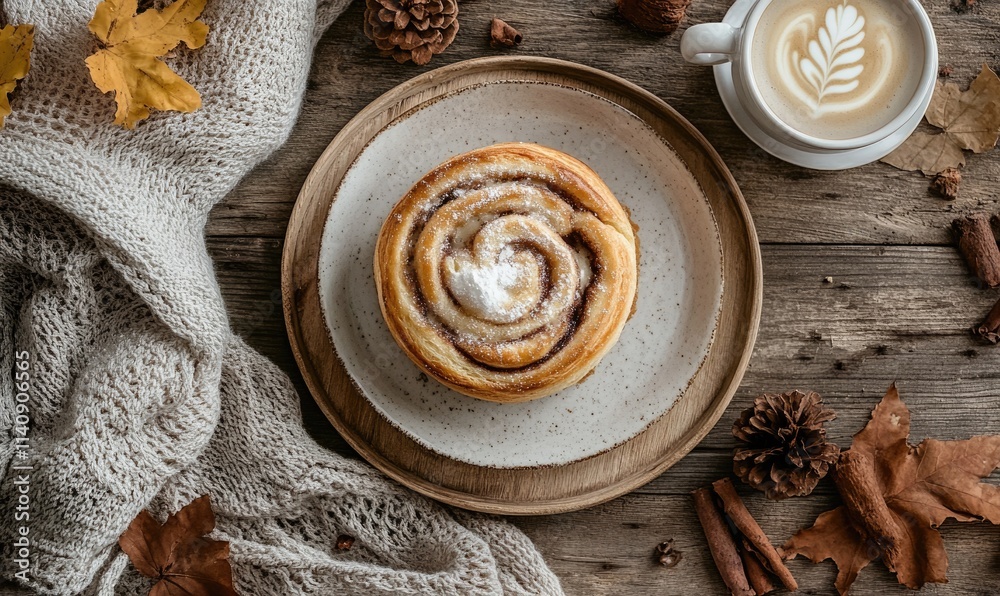 A cinnamon roll sits on a plate on a wooden table A cinnamon roll sits on a plate on a wooden table