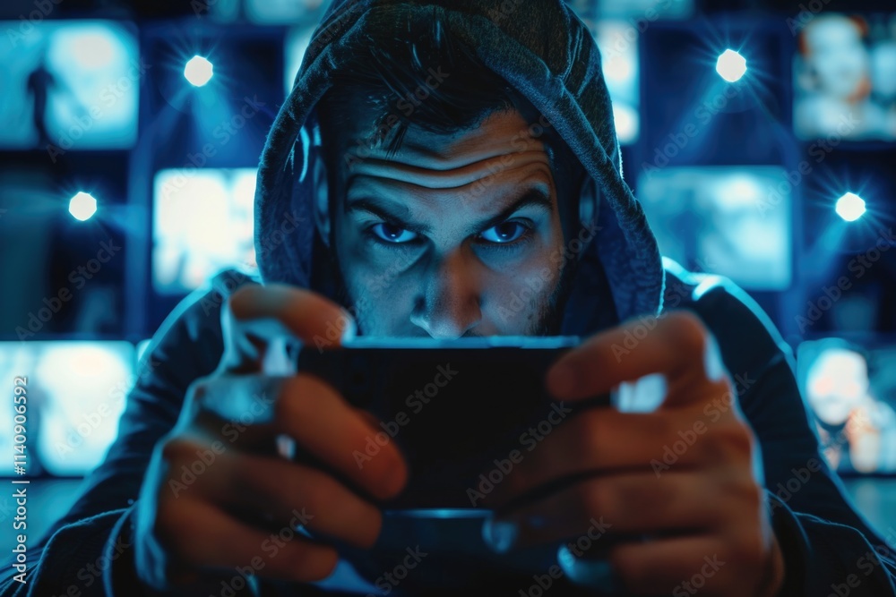 Fototapeta premium Movie On Phone. Online Streaming of Motion Picture on Smartphone in Cyberspace