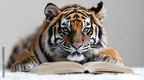 A young tiger intently reads a book.  A curious and heartwarming image.