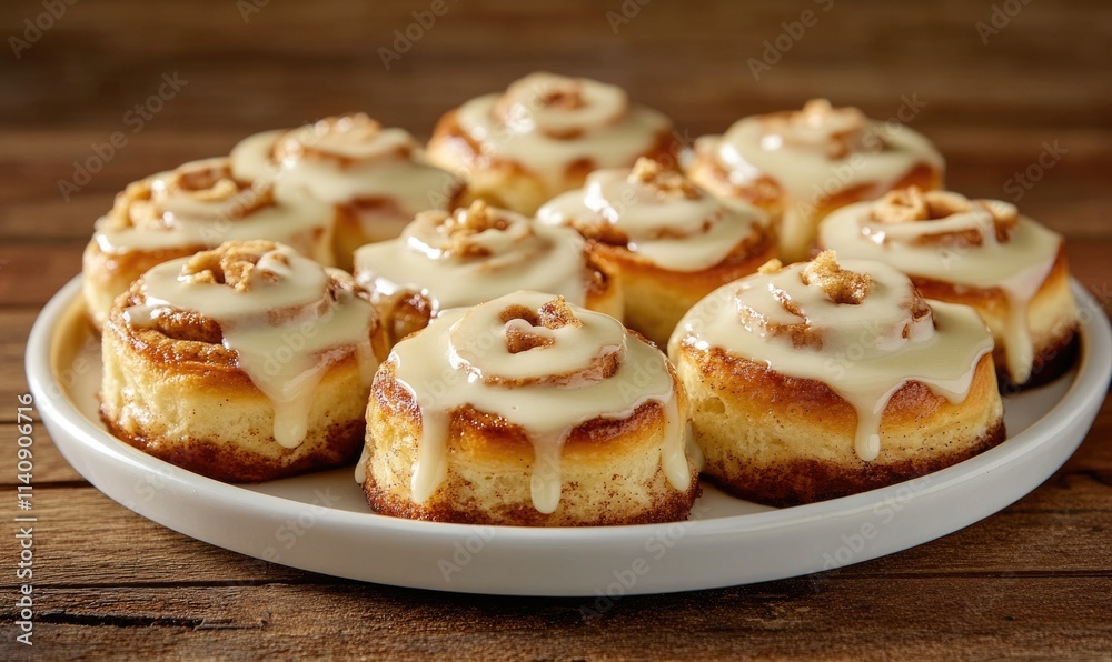 A plate of cinnamon rolls with a drizzle of icing A plate of cinnamon rolls with a drizzle of icing