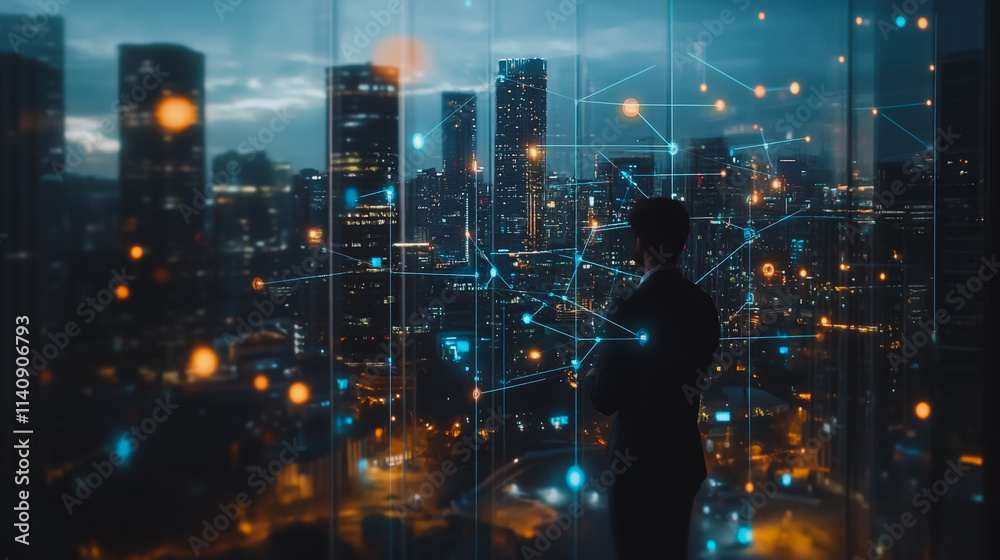 Smart digital city with connection cyber security network reciprocity over the cityscape . future smart wireless digital city and social media networking systems that connects people within the city Smart digital city with connection cyber security network reciprocity over the cityscape . future smart wireless digital city and social media networking systems that connects people within the city