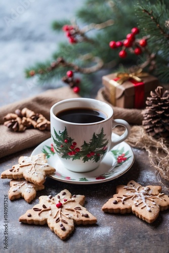 Christmas Cookies and a Cup of Coffee on a Beautiful Natural Background