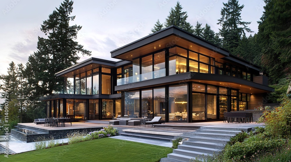 Modern luxury home with large glass windows Modern luxury home with large glass windows