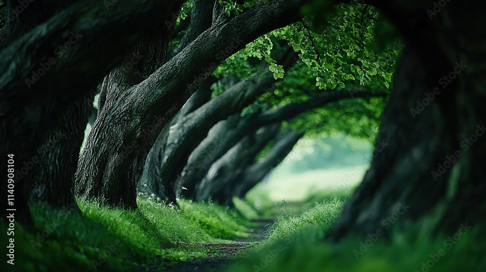Fototapeta premium A row of trees beside a dirt road in a green grass field