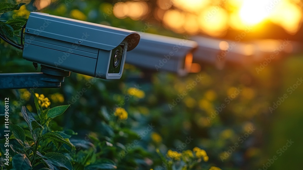 Comparing traditional wired CCTV systems in a sunny garden setting during golden hour Comparing traditional wired CCTV systems in a sunny garden setting during golden hour