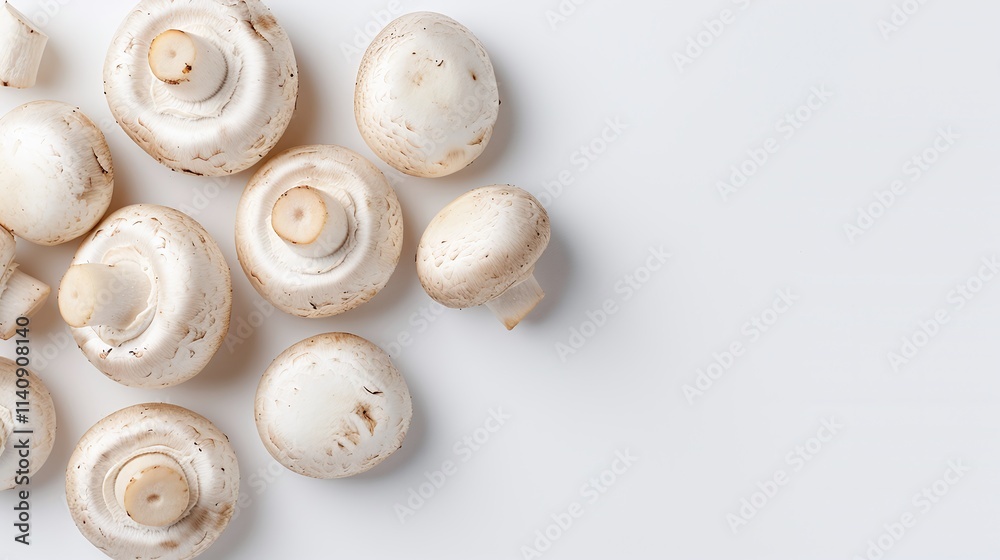 White mushrooms on neutral background, overhead arrangement, minimalistic style, healthy cooking concept, copy space for text

