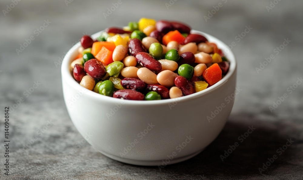 A bowl of mixed vegetables including beans, peas, carrots, and corn A bowl of mixed vegetables including beans, peas, carrots, and corn