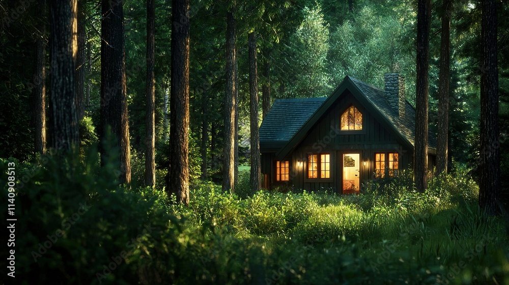 A cozy cabin nestled amidst lush trees, surrounded by a dense forest, with a modest window illuminating the entrance A cozy cabin nestled amidst lush trees, surrounded by a dense forest, with a modest window illuminating the entrance