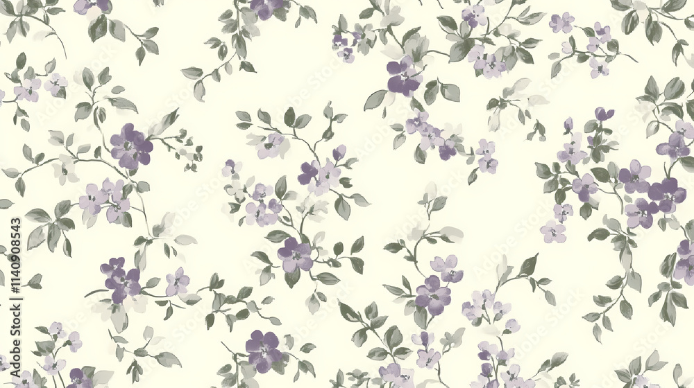 Seamless wallpaper pattern of small, ditsy floral print in muted mauve and sage green on a cream background. Floral. Illustration Seamless wallpaper pattern of small, ditsy floral print in muted mauve and sage green on a cream background. Floral. Illustration