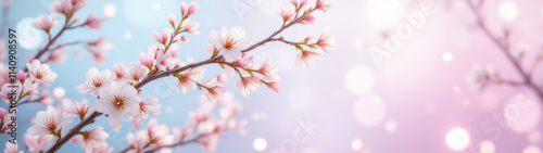 Peach branch with delicate pink flowers on blurred light blue background and pink background in sunny highlights. Background for greetings with spring holidays and festive events.  AI generative.