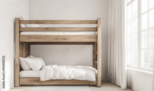 A wooden bunk bed with a white sheet on it