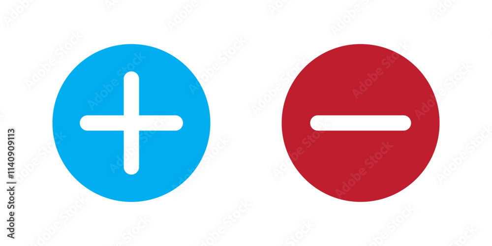 Green and red round plus minus vector sign icon set. Set of plus and minus icons isolated on white background. Vector illustration. Green and red round plus minus vector sign icon set. Set of plus and minus icons isolated on white background. Vector illustration.