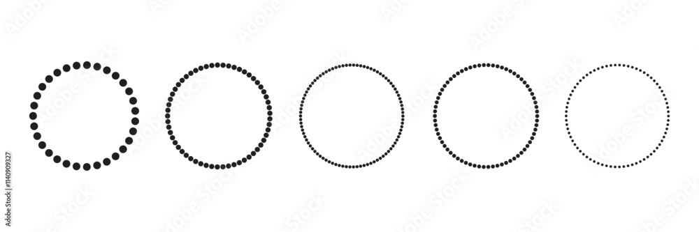 Set of circle shapes with dashed lines, Dashed and dotted circle icon. Black and white broken rings. Dotted round lines, Cut here pictograms for coupons or tags. Vector outline.