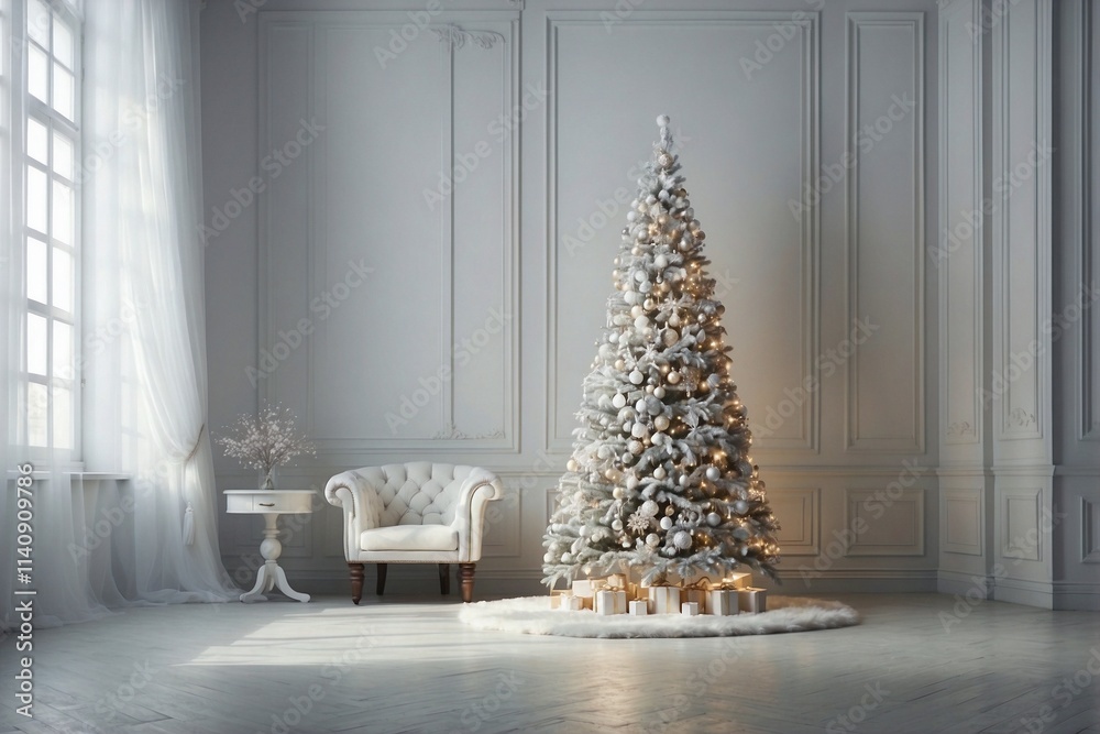 Fototapeta premium White Christmas Tree Decorated with Silver Ornaments and Lights in a Bright Room