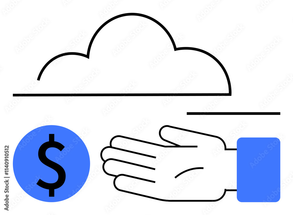 Cloud, outstretched hand, dollar symbol. Ideal for cloud services, financial tech, investment, funding, savings technology banking. Line metaphor Cloud, outstretched hand, dollar symbol. Ideal for cloud services, financial tech, investment, funding, savings technology banking. Line metaphor