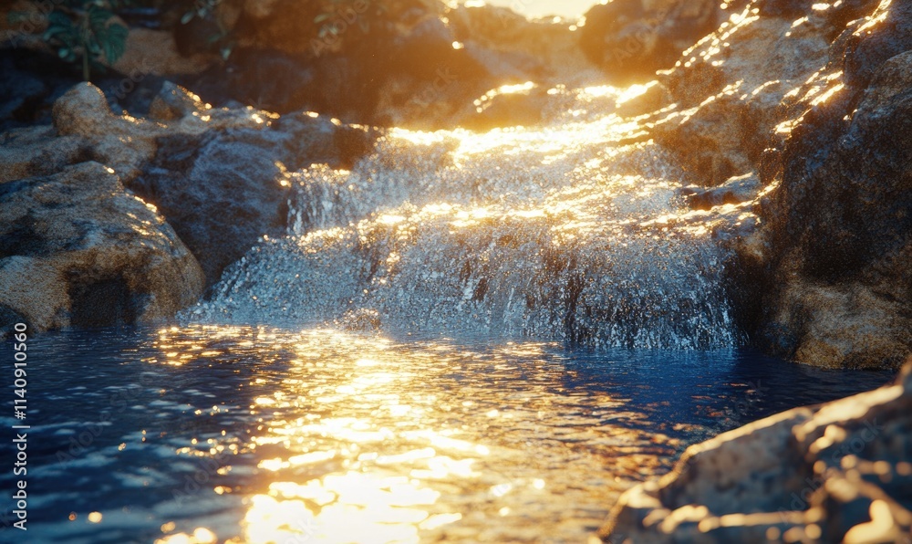 Obraz premium A stream of water is flowing down a rocky hill