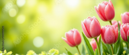 Red tulips on sunny background. Spring holiday background with free space for text. AI generative.