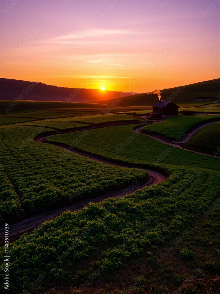 Serene Sunrise Over Lush Agricultural Fields with Rustic Barn