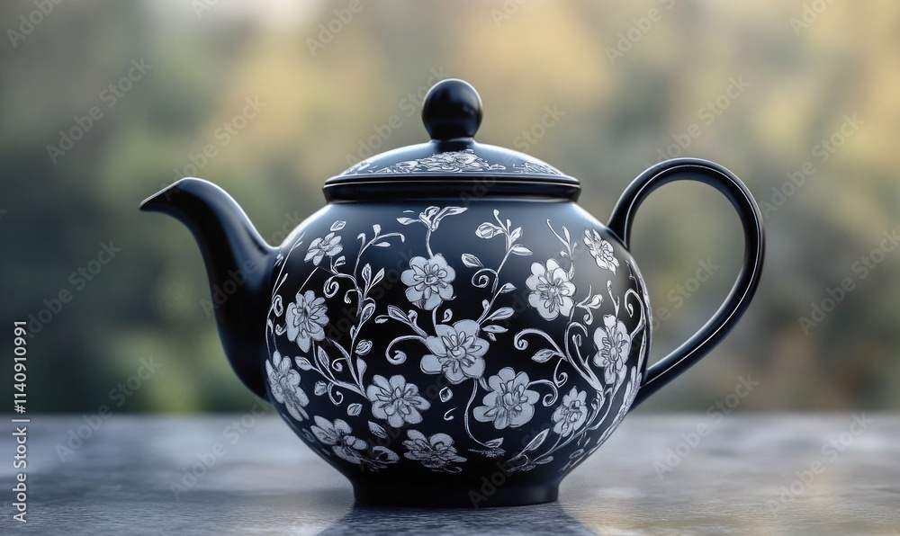 A black and white floral tea pot with a white lid A black and white floral tea pot with a white lid