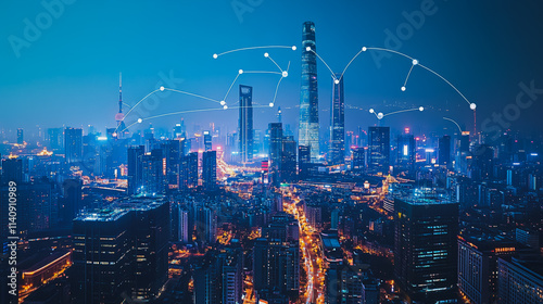 Wallpaper Mural Smart digital city with connection cyber security network reciprocity over the cityscape . future smart wireless digital city and social media networking systems that connects people within the city Torontodigital.ca