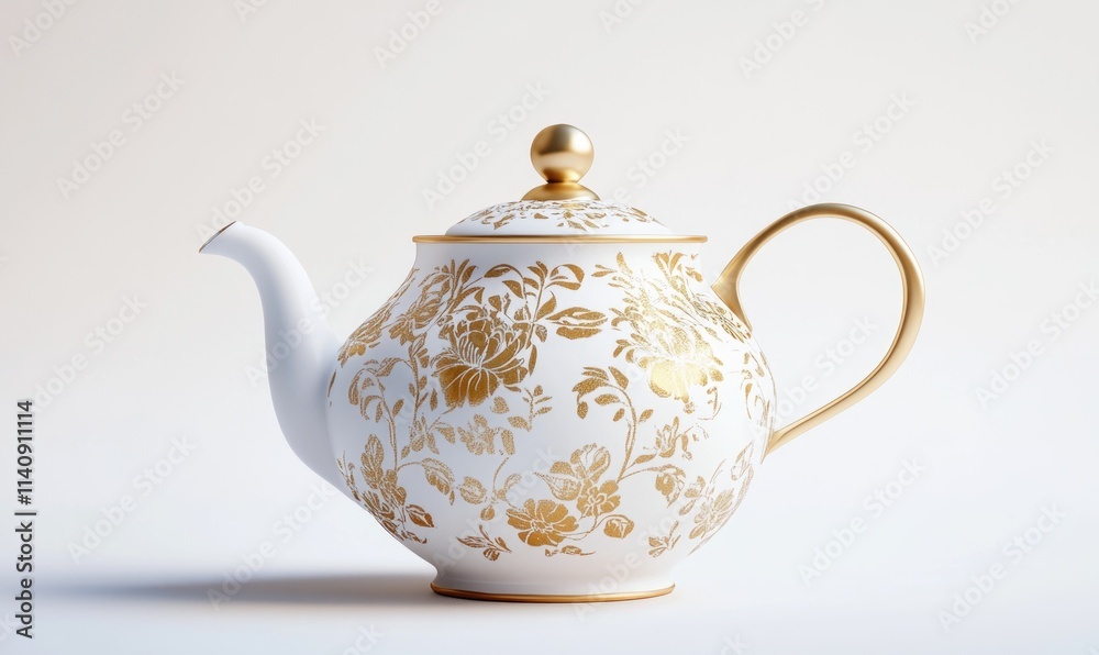 A gold and white tea pot with flowers on it A gold and white tea pot with flowers on it