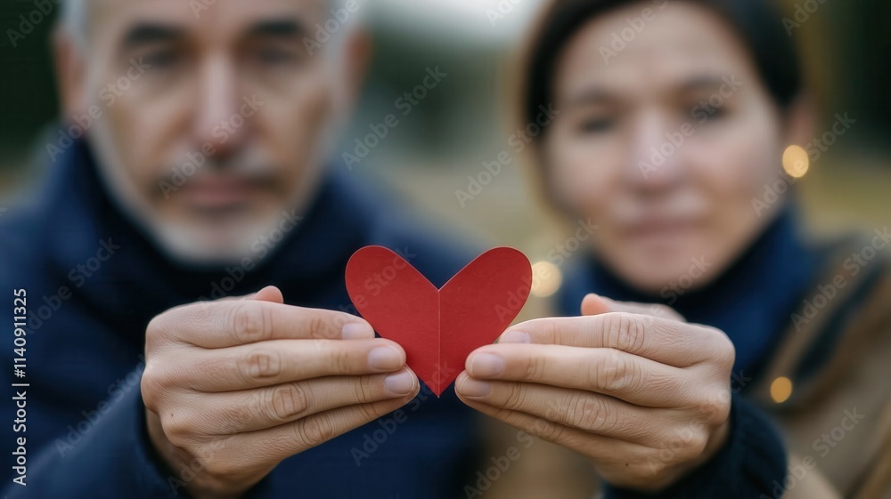 Senior couple sharing a red paper heart, symbolizing their lasting love and commitment, embracing the joy of togetherness and romance Senior couple sharing a red paper heart, symbolizing their lasting love and commitment, embracing the joy of togetherness and romance