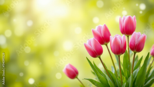 Festive spring background with free space for text. Red tulips on sunny yellow green background. Copy space.AI generative.
