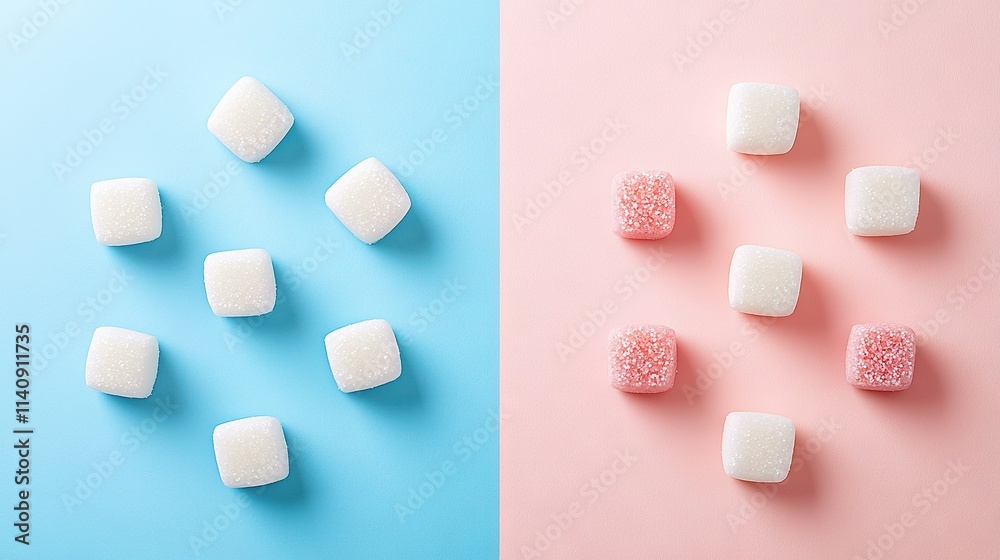 A pink and blue background featuring marshmallows A pink and blue background featuring marshmallows