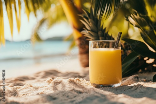 A vibrant glass of pineapple drink on a tranquil sandy beach reflects a serene atmosphere, with green foliage and gentle waves, creating a perfect vacation vibe. photo