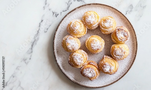A plate of powdered donuts photo