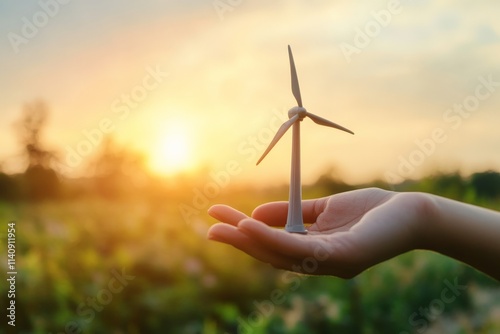 A hand holds a miniature wind turbine model symbolizing renewable energy and sustainability against a stunning sunset, representing hope and innovative solutions for the future. photo