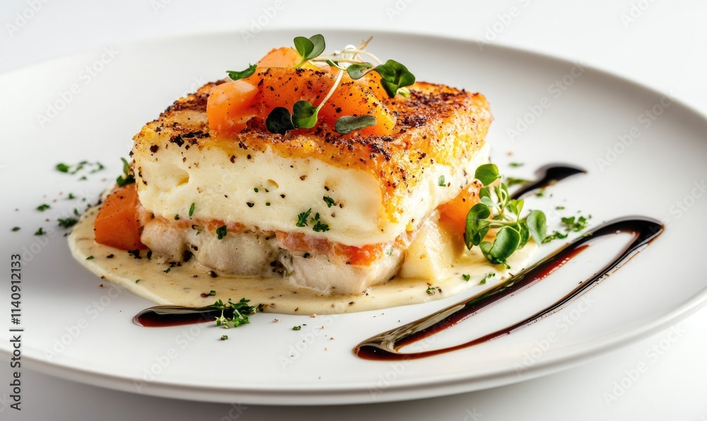 A plate of food with a white sauce and a garnish of parsley A plate of food with a white sauce and a garnish of parsley